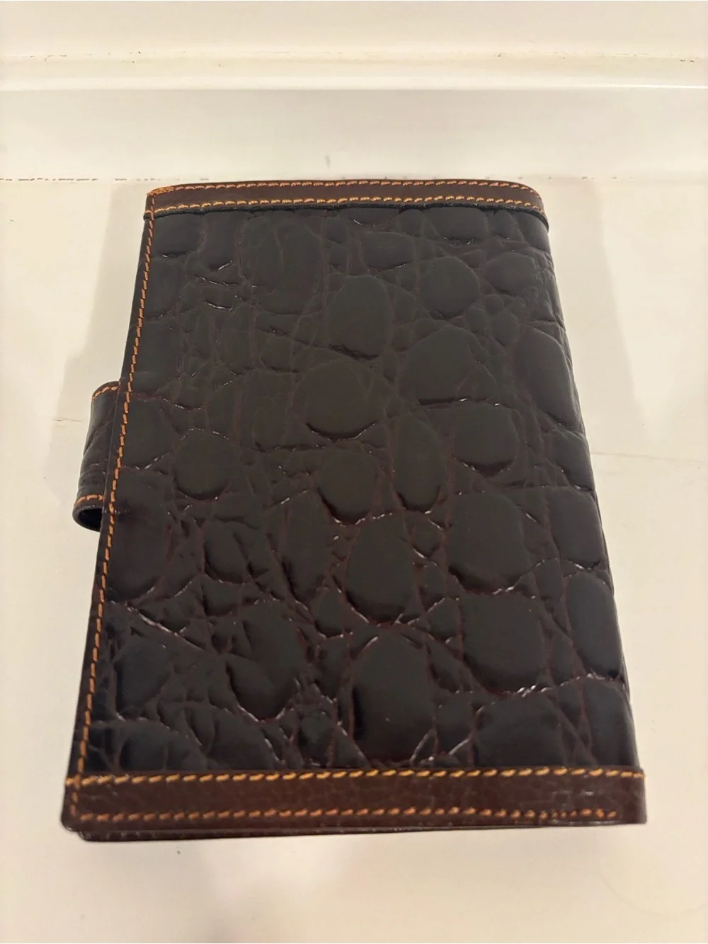 Croc Embossed Clutch/Wallet Snap Closure Dark Brown Orange Stitching 4.25 x 6”